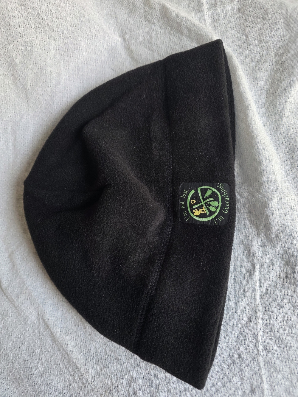 Black Fleece Beanie Hat with Green Geocache Logo